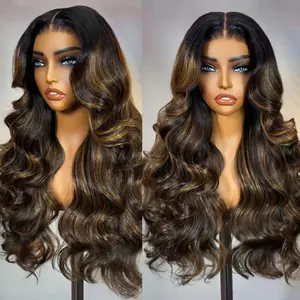 OQ HAIR 200% Density Body Wave Ombre Glueless Wigs Human Hair Highlight Balayage Color Pre Plucked T Part 9x6 Lace Wig With Ntural Hairline