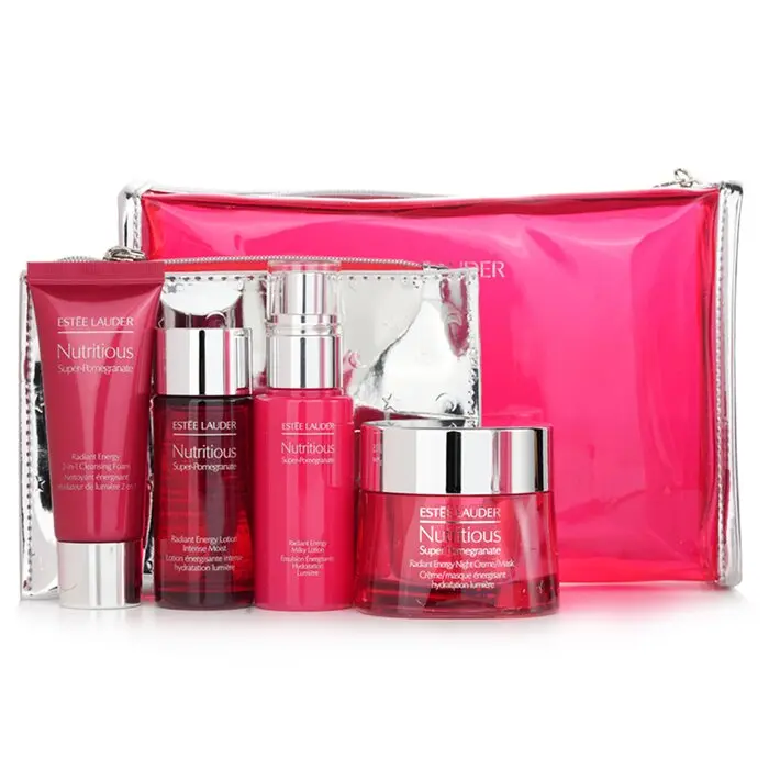 ESTÉE LAUDER Nutritious Super-Pomegranate Nourish All Night Skincare Gift Set - Night Creme, Milky Lotion, Intense Moisture Lotion, Cleansing Foam, Mask, Pouch for Radiant Skin, Night Cream
