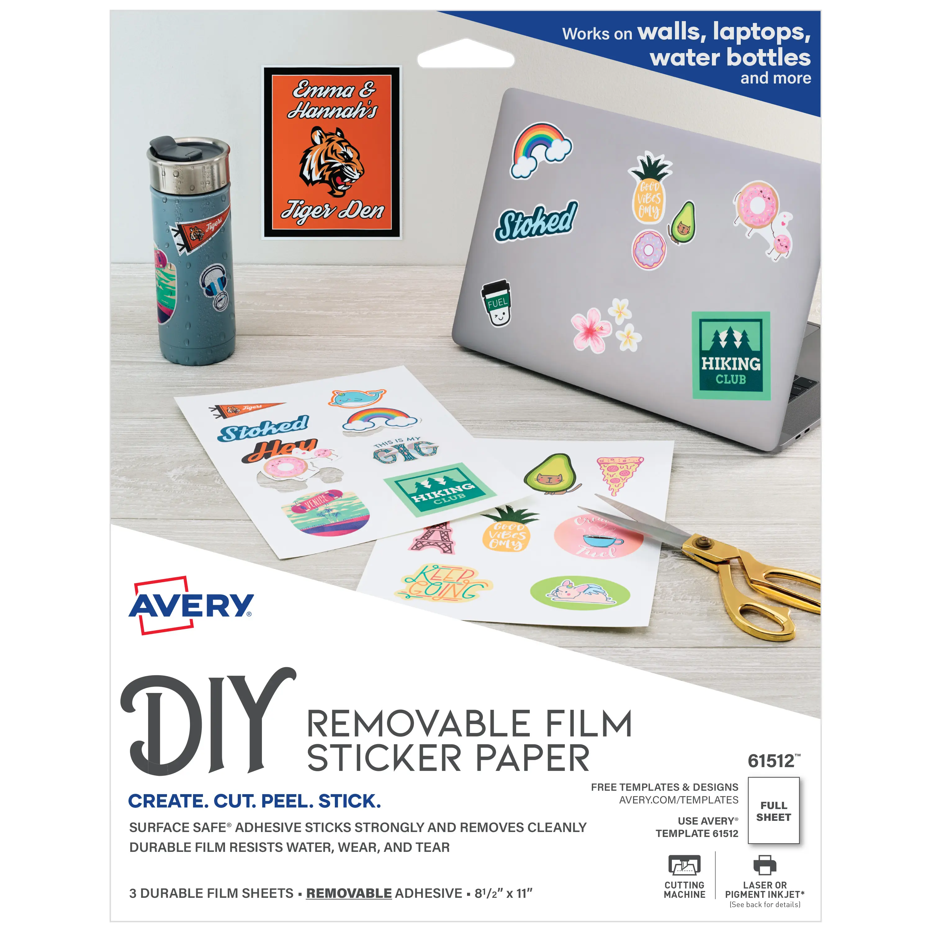 Avery Durable DIY Sticker Paper, 8.5" x 11", Removable Surface Safe Adhesive, Water-Resistant with Laser or Pigment-Inkjet Printers, 3 Full-Size Label Sheets (61512)