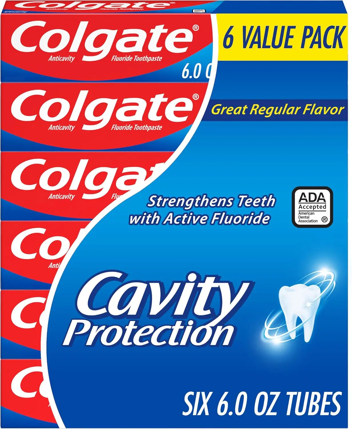 Cavity Protection Toothpaste with Fluoride, Minty Great Regular Flavor, Anti Cavity Toothpaste, 6 Pack, 6 Oz Tubes
