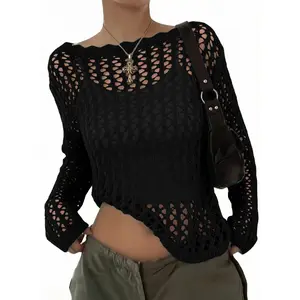 EVALESS Women's Loose Casual Knit Hollow Out Sweater Shirts, Off The Shoulder Crochet Long Sleeve Pullover Shirts Cover up Tops 2026 Trendy Womenswear Summer Outfits