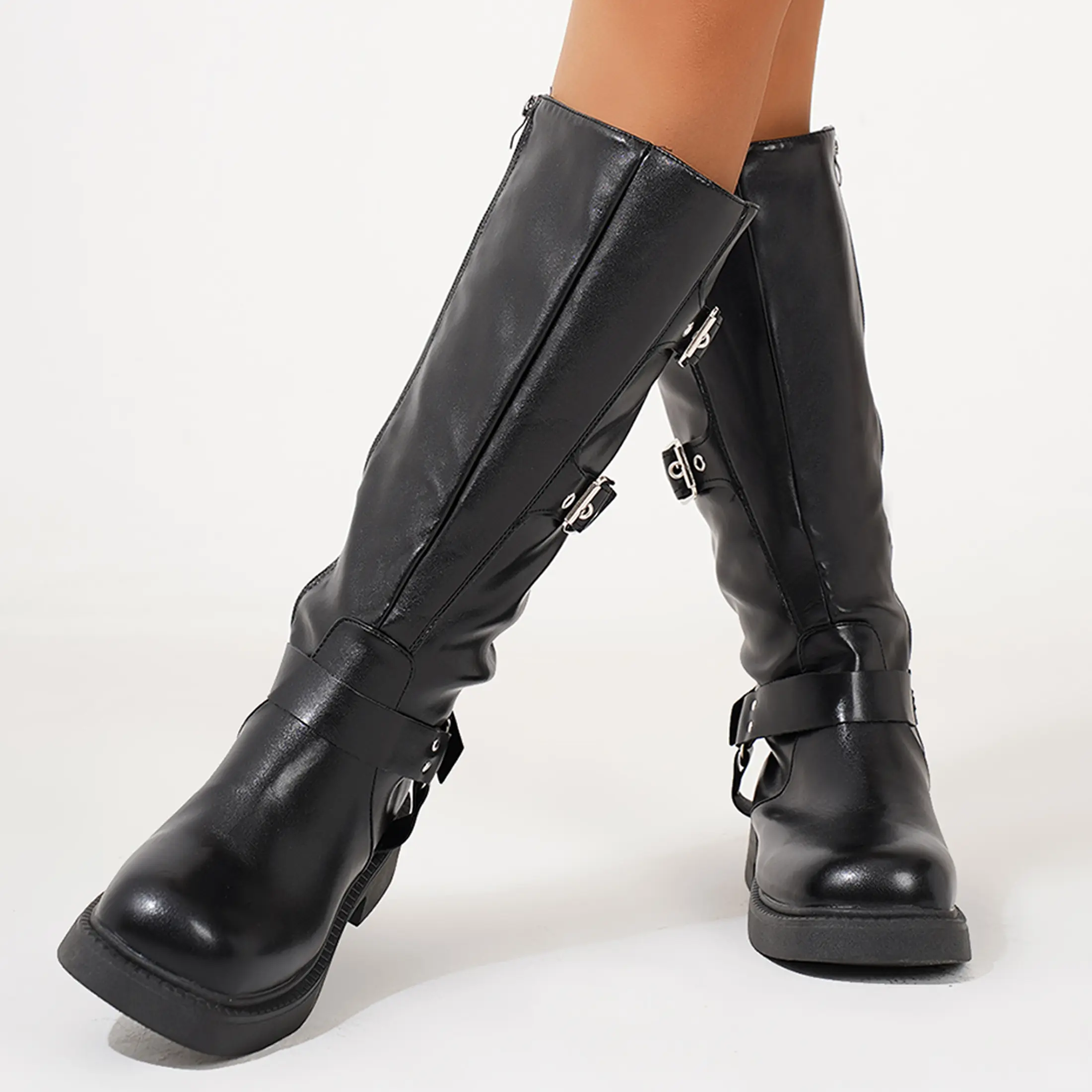 Women's Mid-Calf Moto Boots Buckle Straps Thick Sole Booties for Daily Wear Women's Mid-Calf Moto Boots Buckle Straps Thick Sole Booties for Daily Wear