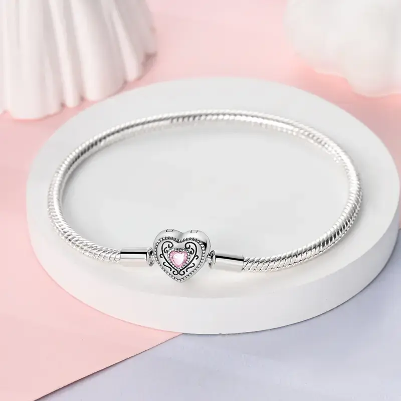 Vintage Heart Lock Charm Bracelet with Durable Snake Chain, Pink-Clear Zirconia, Warm Tone, Romance-Casual Style, Christmas Valentine's Day Gift for Princesses