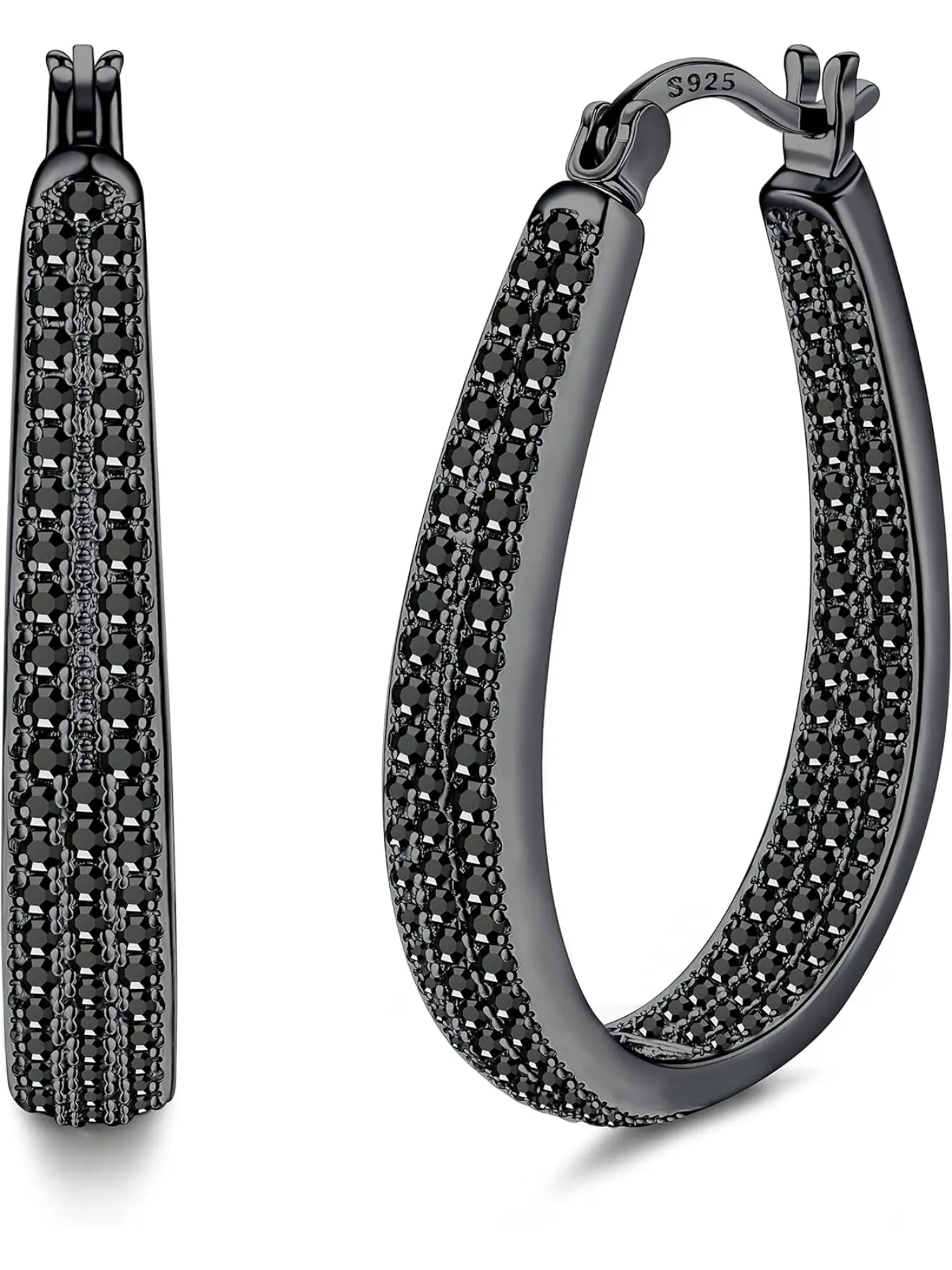 Earrings Creole 925 Sterling Silver Post for Women Girls Clear Black Zirconia 14K Gold Plated Oval Rough Silver Earrings Creole Black Fashionable Hoop Earrings