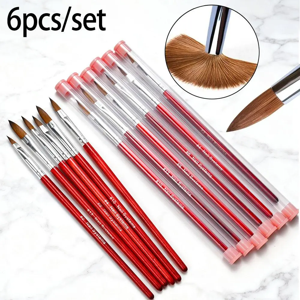 1/6PC 100% Pure Kolinsky Hair Acrylic Nail Brush Size#2/4/6/8/10/12 Oval Crimped Wood Handle Nail Brushes Acrylic Manicure Tools