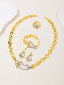 Stainless Steel U-Shaped Hoof Buckle Trendy Jewelry Set, Rhinestone Luxury Accessories, Includes Necklace, Bracelet, Earrings, Ring, Geometric Elegance