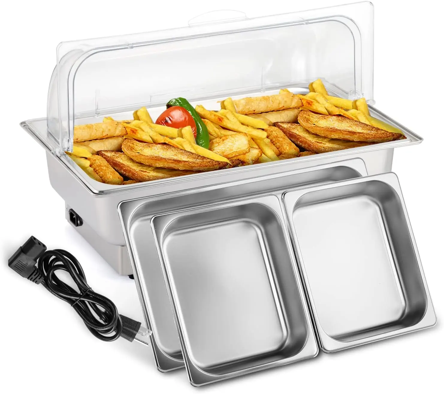 ROVSUN Electric 9 QT Stainless Steel Chafing Dish Buffet Set, NSF Roll Top Catering Chafer Server Food Warmer with Full Size & 2 Detachable Food Pans,Transparent PC Lid for Party Wedding Banquet