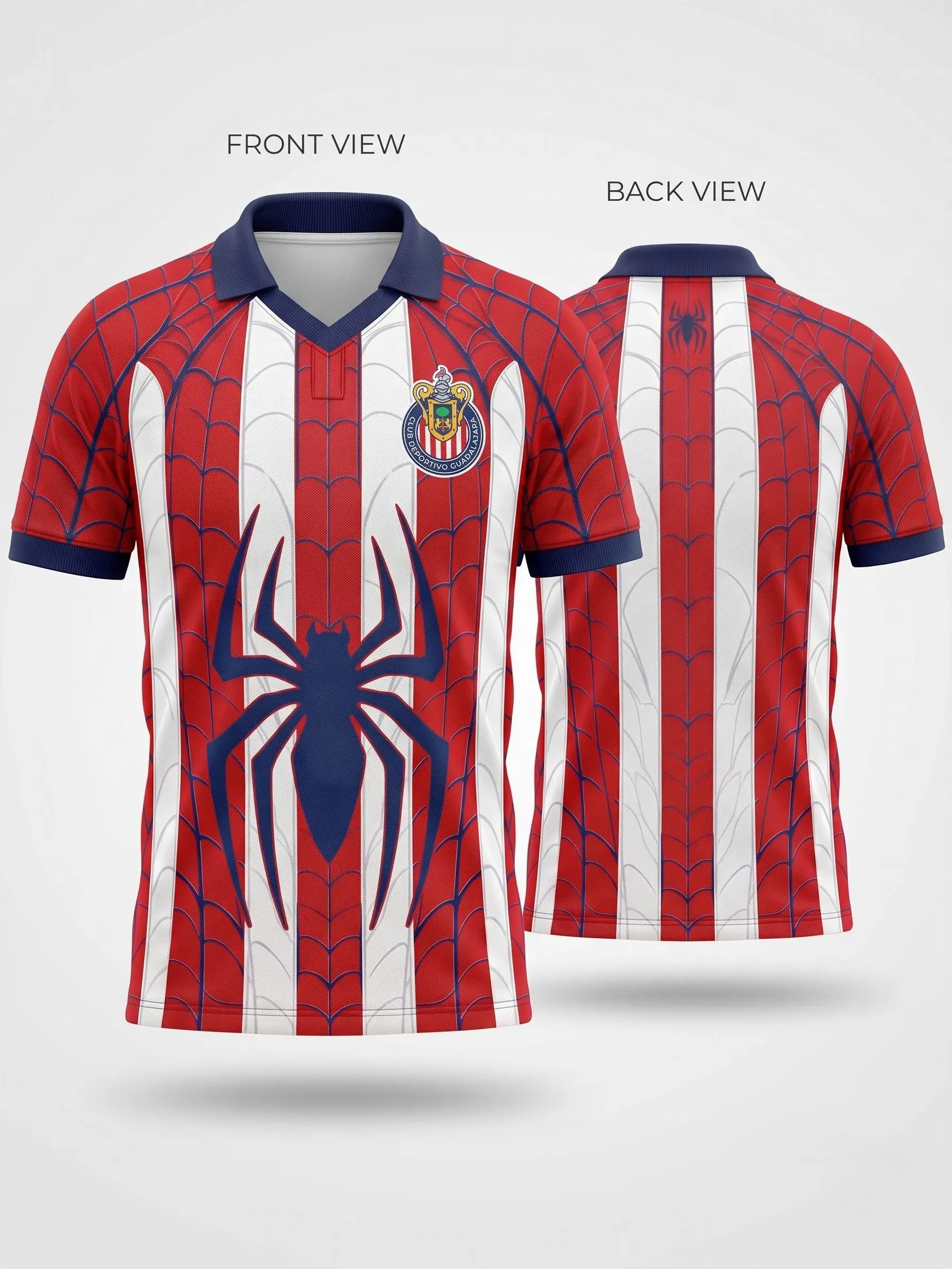 Men's Red White Web Soccer Chivas Jersey, All Over Print Polo Collar Football Shirt, Graphic Game Day Fan Sports Top, Short Sleeve Jersey