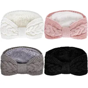 4 Pack Twisted Knit Headbands Winter Knotted Head Wraps Fuzzy Lined Headband Thick Crochet Turban Ear Warmer Elastic Hair Band Accessories for Women (White, Pink, Black, Grey)