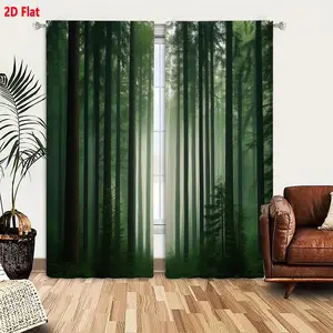 2D Flat  Hot Forest Misty Cathedral-Like Trees Curtain 2-Piece Set, Light Filtering Sheer & Darkening Drapes, Soft Ethereal Glow Home Decor for Bedroom Living Room, Lush Green Foliage Aesthetic
