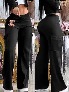 Women's black casual trousers, featuring flap pockets, elastic waistband, and a straight-leg fit. Suitable for spring, summer, and autumn wear.  Workwear style.