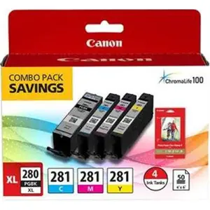 Canon PGI-280 Extra Large & CLI-281 Combo Printer Ink Refill Pack - CMYK Pigment Inks, 50 Sheets of 4x6 in. Glossy Photo Paper, Cmyk Inks