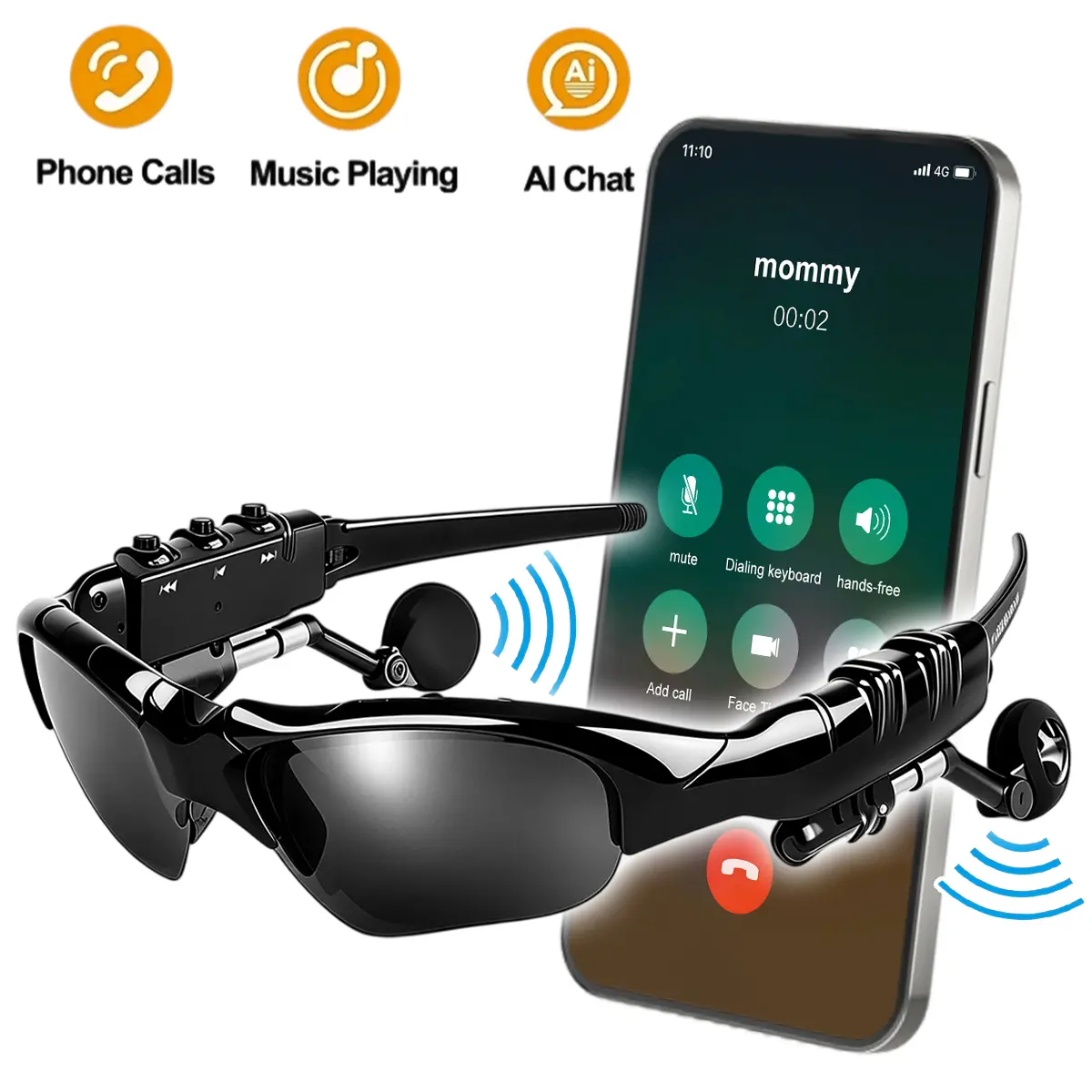 Smart Glasses,Wearable Bluetooth Smart Sunglasses with Voice Assistant & Mic, Wireless Music & Hands-Free Calling, UV Protective Eyewear for Daily Commute Driving Outdoor Activities, Fashion Men Gift, Multifunctional Audio Sunglasses