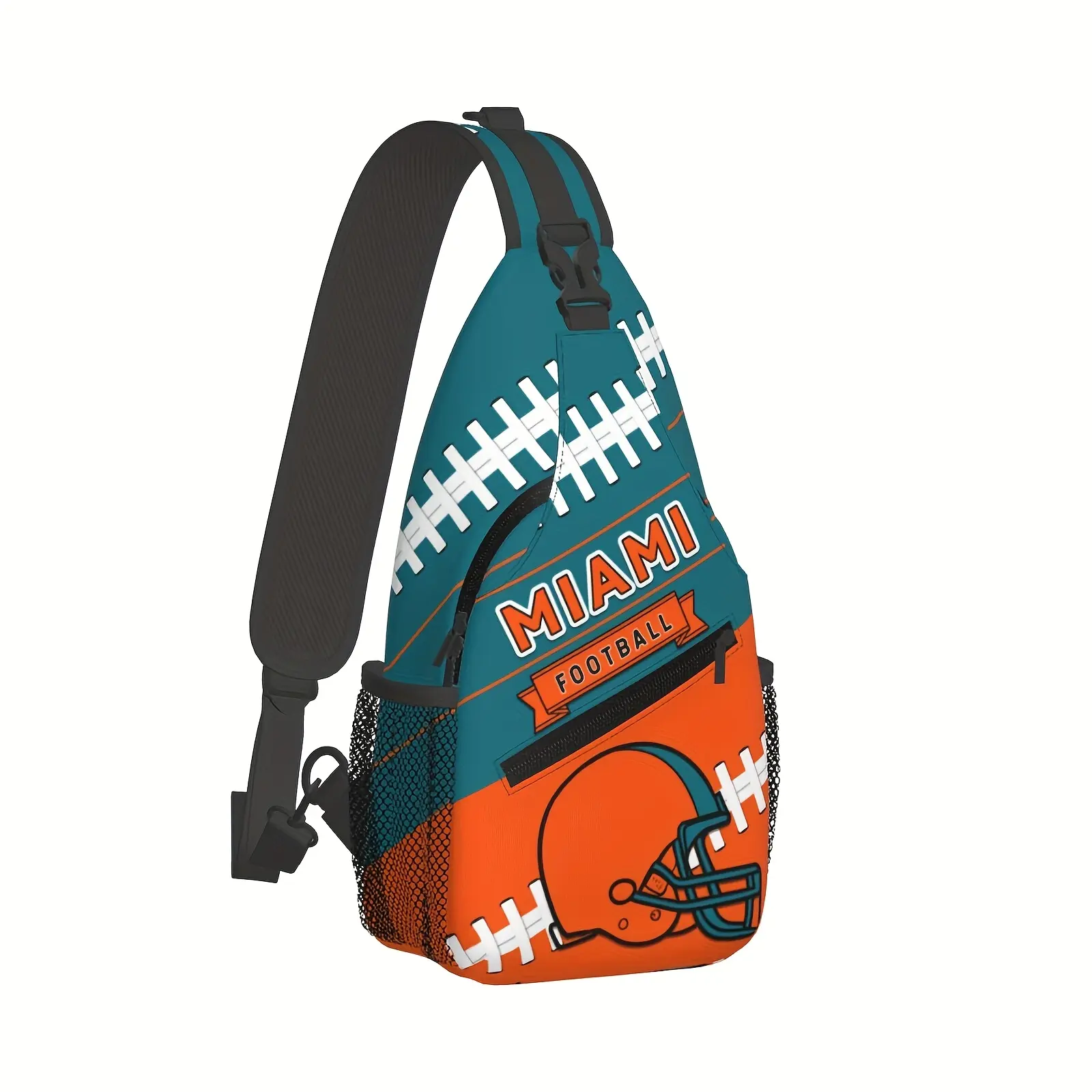 Large Crossbody Backpack with Miami Football Graphic - Turquoise & Orange Football Field Design, Heavy-Duty Machine-Washable Polyester Bag with Zipper Closure & Adjustable Strap - Spacious Chest Pack for Travel, Hiking, Sports, Gaming Fans - Unisex Backpa
