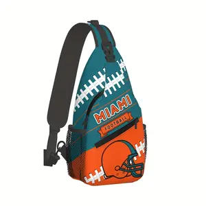 Large Crossbody Backpack with Miami Football Graphic - Turquoise & Orange Football Field Design, Heavy-Duty Machine-Washable Polyester Bag with Zipper Closure & Adjustable Strap - Spacious Chest Pack for Travel, Hiking, Sports, Gaming Fans - Unisex Backpa