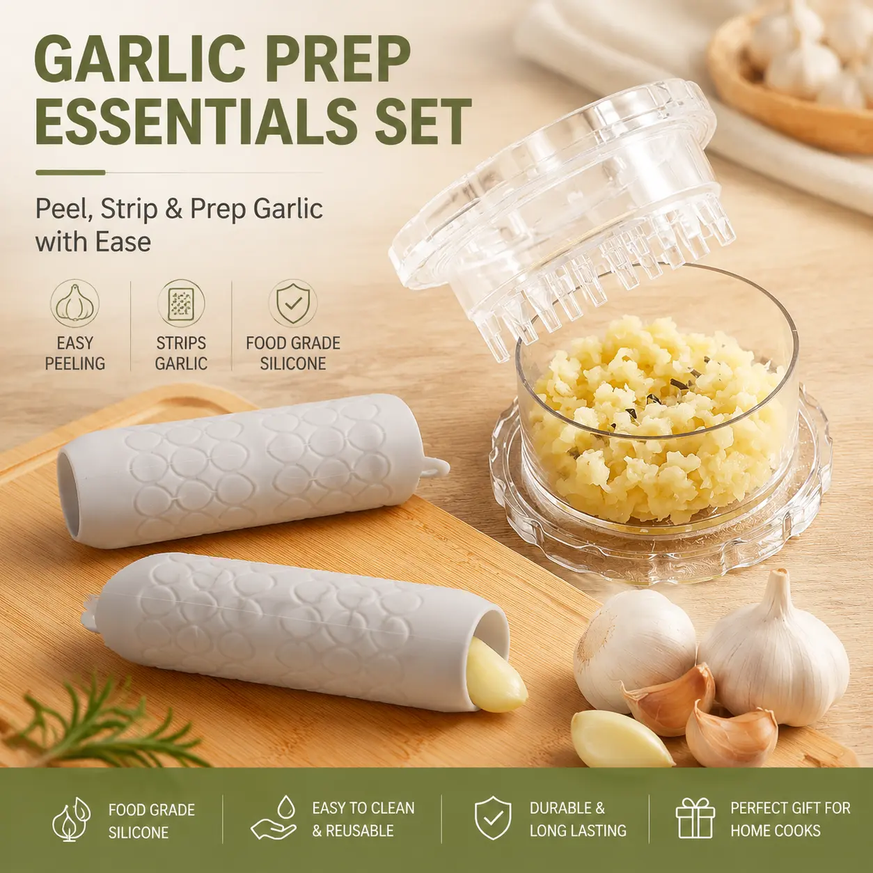 2 in 1 Garlic Prep Essential Set | Silicone Garlic Peeler Tube + Double-Row Blade Manual Garlic Mincer
