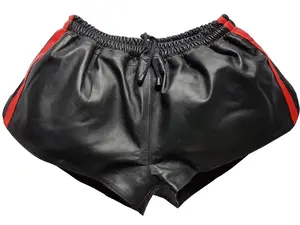Men Black Real Leather Shorts w/ Elastic Band
