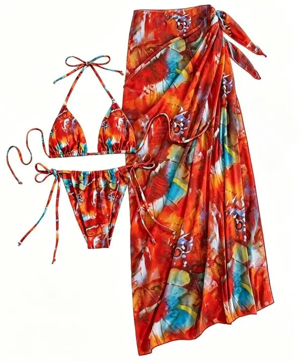 Women's 2026 Tropical Getaway 3-Piece Tie-Dye Halter Neck Bikini Set - Sunset Abstract Print Triangle Swimsuit, Sheer Skirted Sarong Cover-Up, S-XL Multi-Size for Beach Vacations