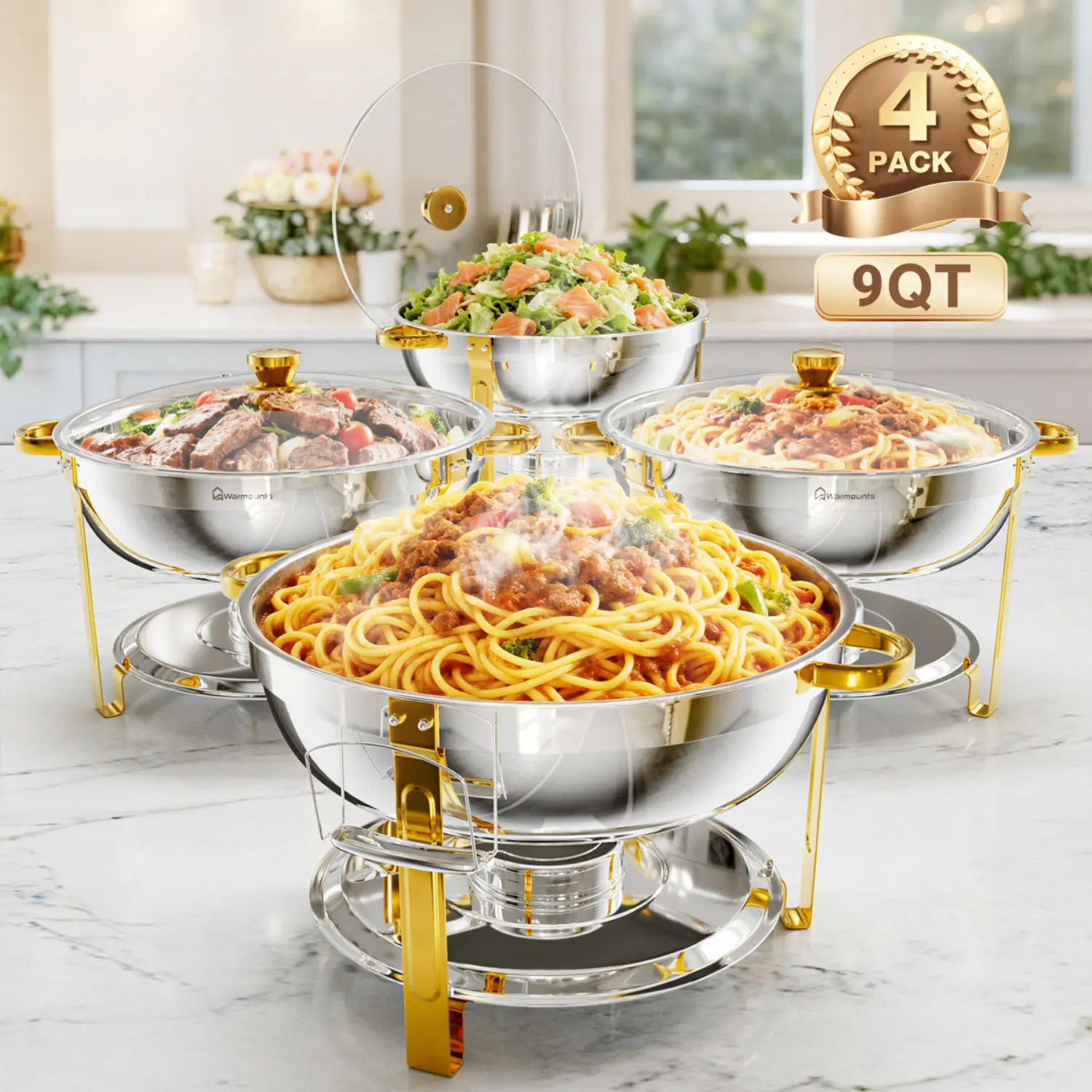 【Home Essentials】WARMOUNTS 9QT Gold Round Chafing Dish Bakeware - Heat-Stable Casserole Dish with Glass/Stainless Steel Lid, Mirror-Polished Stainless Steel, Rolled Rim, Stackable Lid Holder for Buffet Table, Thanksgiving, Easter, Heat-Stable Casserole Di