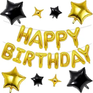 Happy Birthday Balloons Banner, Gold Happy Birthday Foil Balloons 16 Inch Mylar Foil Letter Balloons with 8 Pcs Black Gold Star Balloons for Women Men Girls Boys Gold Birthday Party Decorations