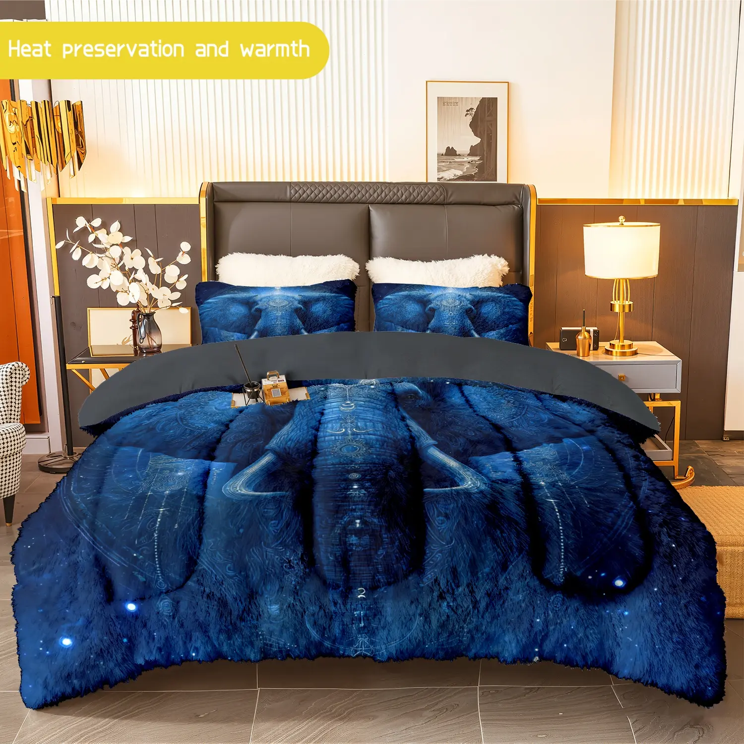 3pcs (1 comforter + 2 pillowcases) Elephant - Patterned Flannel & Milk Velvet Comforter Set, Ultra - Soft Warm Bedding Set for Adults, Cozy Flannel Quilt Set, Popular Bedding Essentials