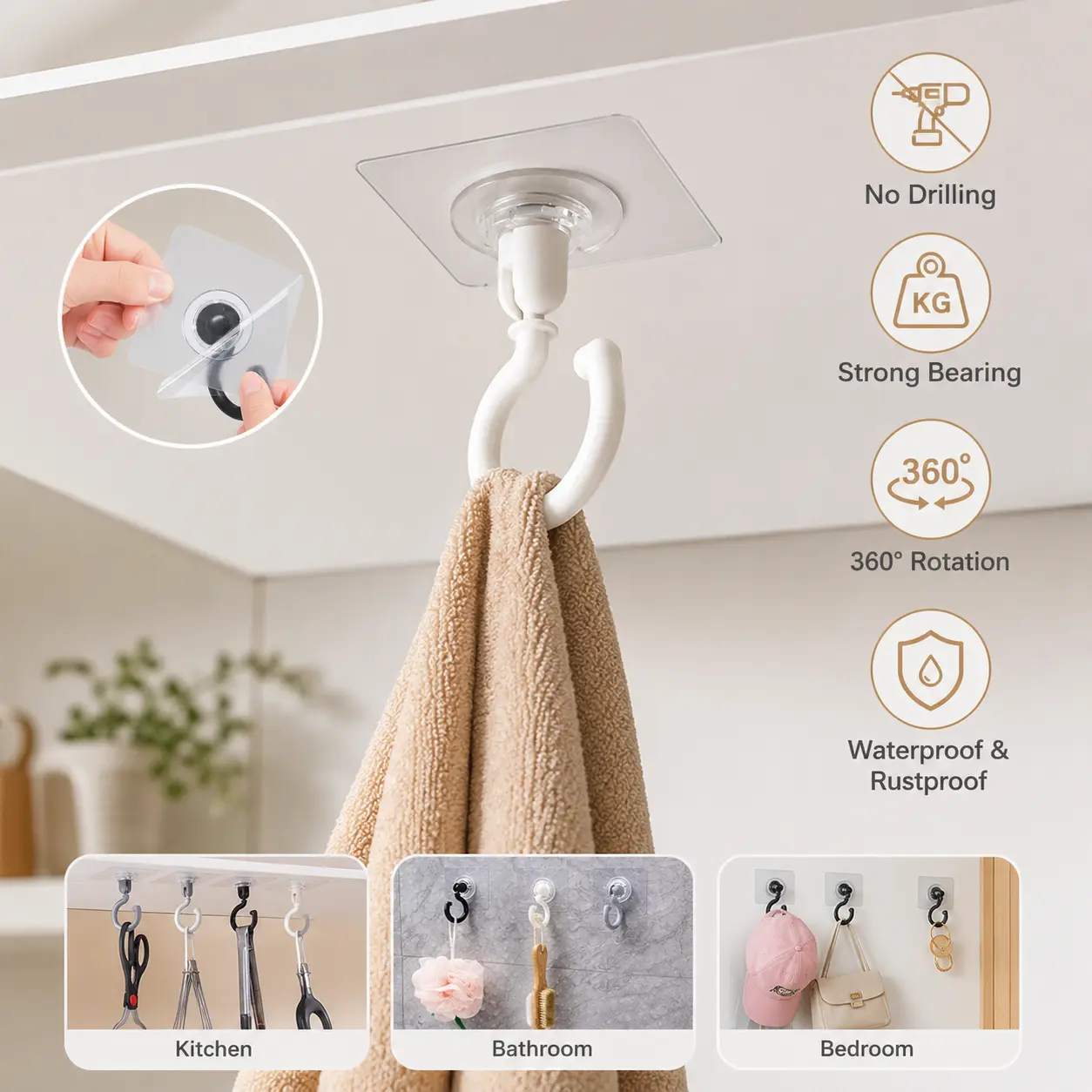 1 Count No-Drill Self Adhesive 360° Rotatable Hook, No Trace Hanger for Bathroom Kitchen Wall and Ceiling Daily Hanging