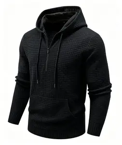 Men's Waffle Half Zip Hoodies, Solid Color Drawstring Pullover Sweatshirts with Pocket, Relaxed Fit Hooded Neck, Basic Comfort Casual Sweatshirt for Spring Fall