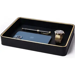 Leather Catchall Valet Tray for Men| Mens Valet Catch All Trays| Bedside Organizer for Nightstand| Cologne Tray for Men| Desk Trays Leather Tray Organizer (Black)