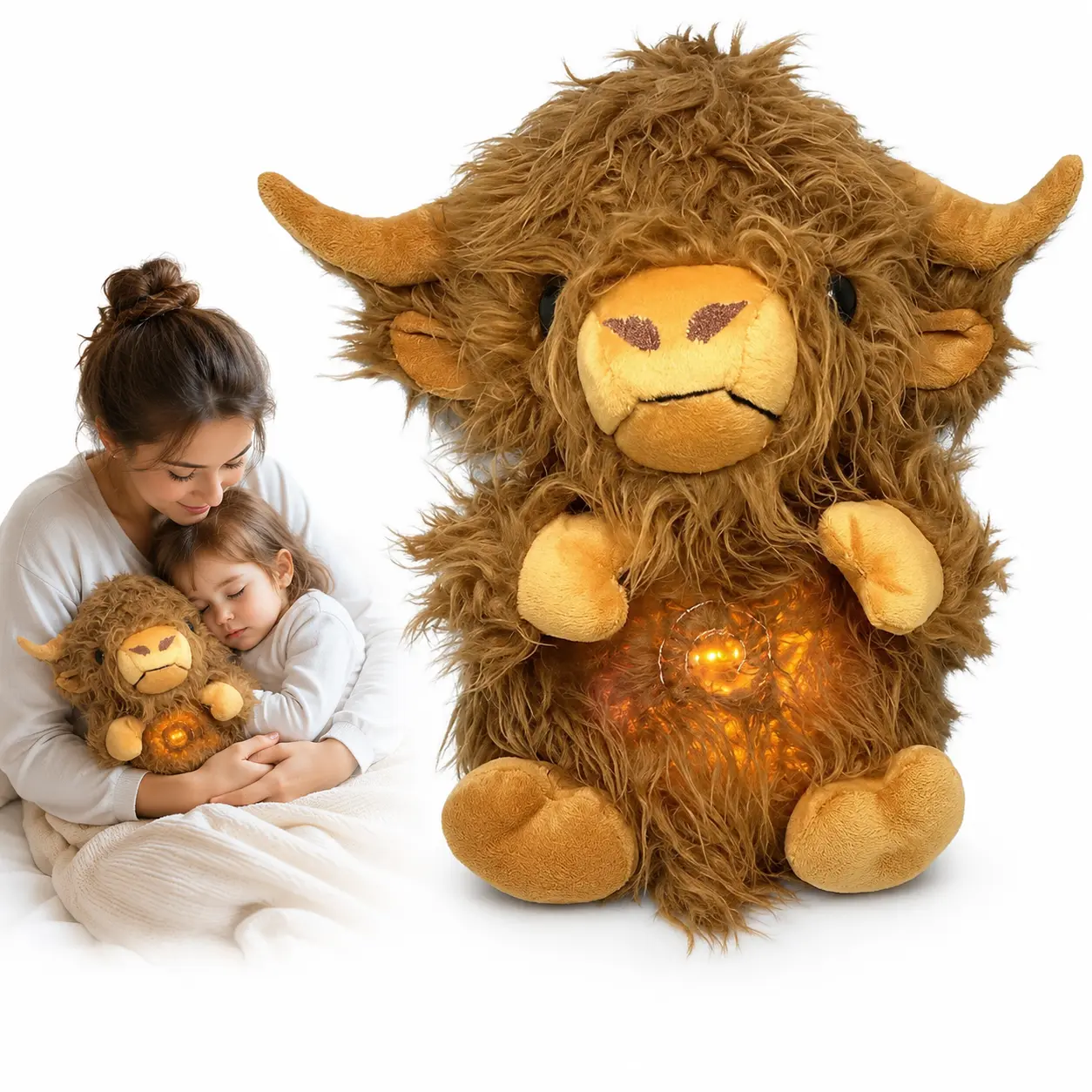 Light Up Breathing Plush Cow, Soft Highland Cow Stuffed Animal with Realistic Belly Breathing Motion, Calming Sensory Toy for Stress Relief, Bedtime Sleep Aid, Cozy Cuddle Companion for Kids Teens Women, Baby Nursery Bedroom Decor and Holiday Gift, Christ