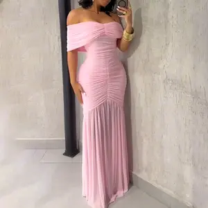 ChicMe Foldover Off Shoulder Ruched Cinched Waist Minimalist Evening Dress Slim Fit Mermaid Hem Wedding Party Dress wedding guest dress/wedding dress