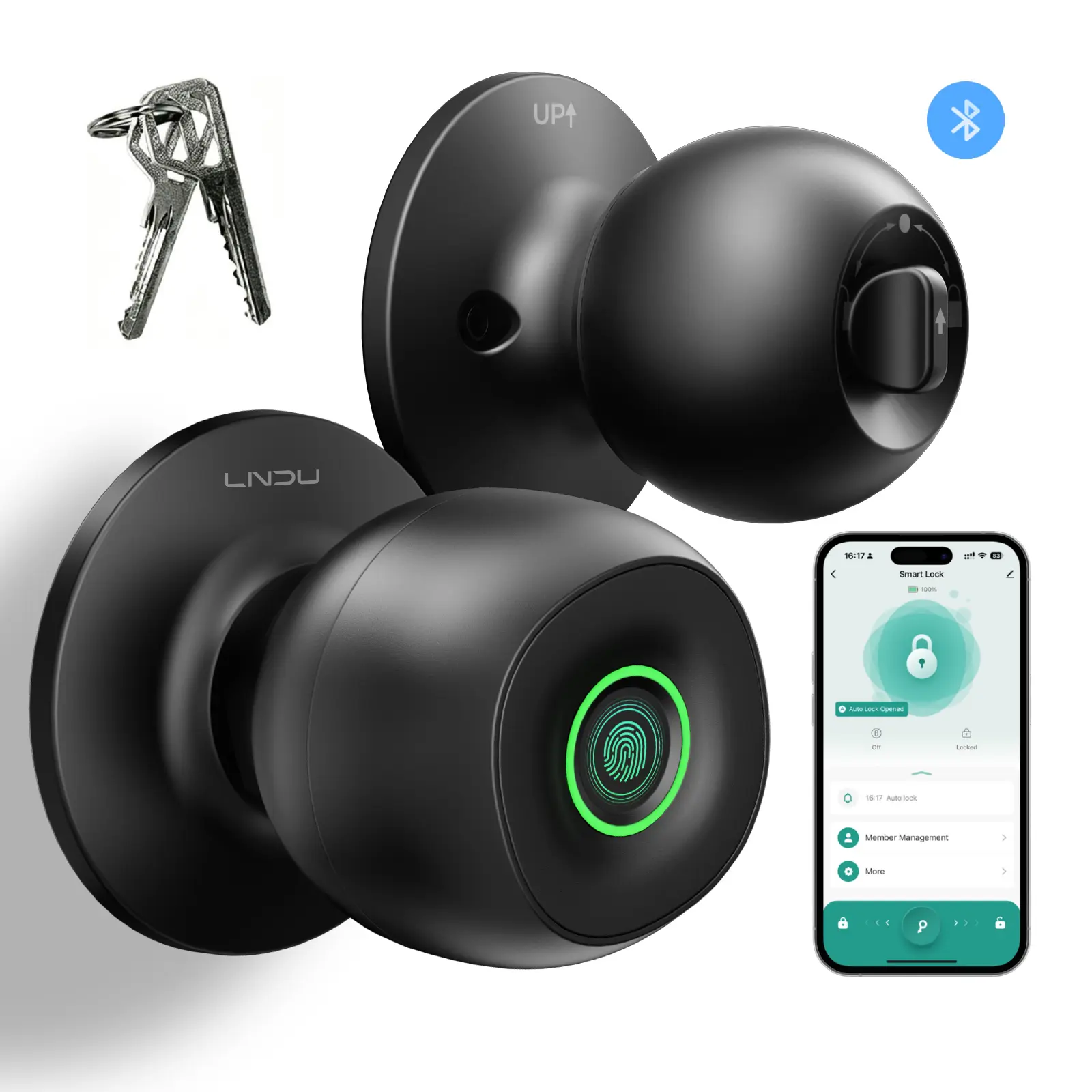 LNDU Smart Fingerprint Door Knob with APP Control, Biometric Keyless Entrance Door Lock with 3 Modes (Privacy/Passage/Auto-Lock), 3 AAA Batteries Powered, 100 Fingerprints, Type-C Emergency Power for Unlocking, for Bedroom, Office, Home