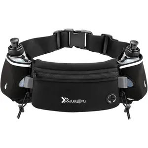 Running Belt with Water Bottles(2 x 175ML), Hydration Belt Waterproof Waist Pack Bag Fits iPhs Adjustable Sports Waist Pouch for Marathon Running Hiking Cycling