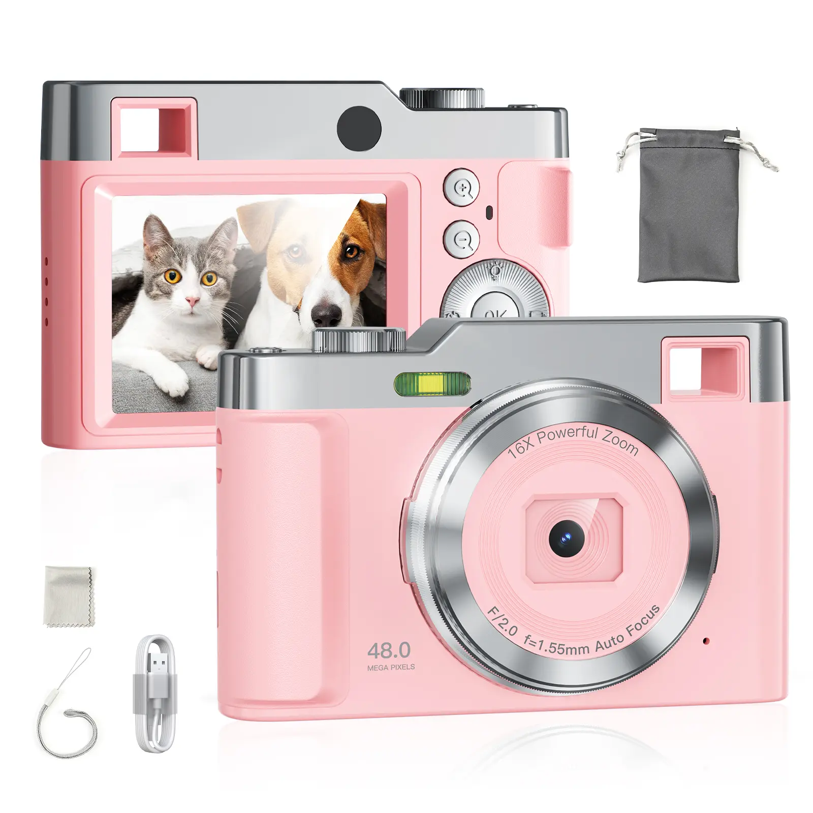 Capture memories with this compact pink digital camera. Features 48MP photos, FHD 1080P video, 16X digital zoom, a 2.4" screen, USB rechargeable battery, and included 64GB SD card, wrist strap, cable, cloth, and pouch for travel, parties, and vlogging.