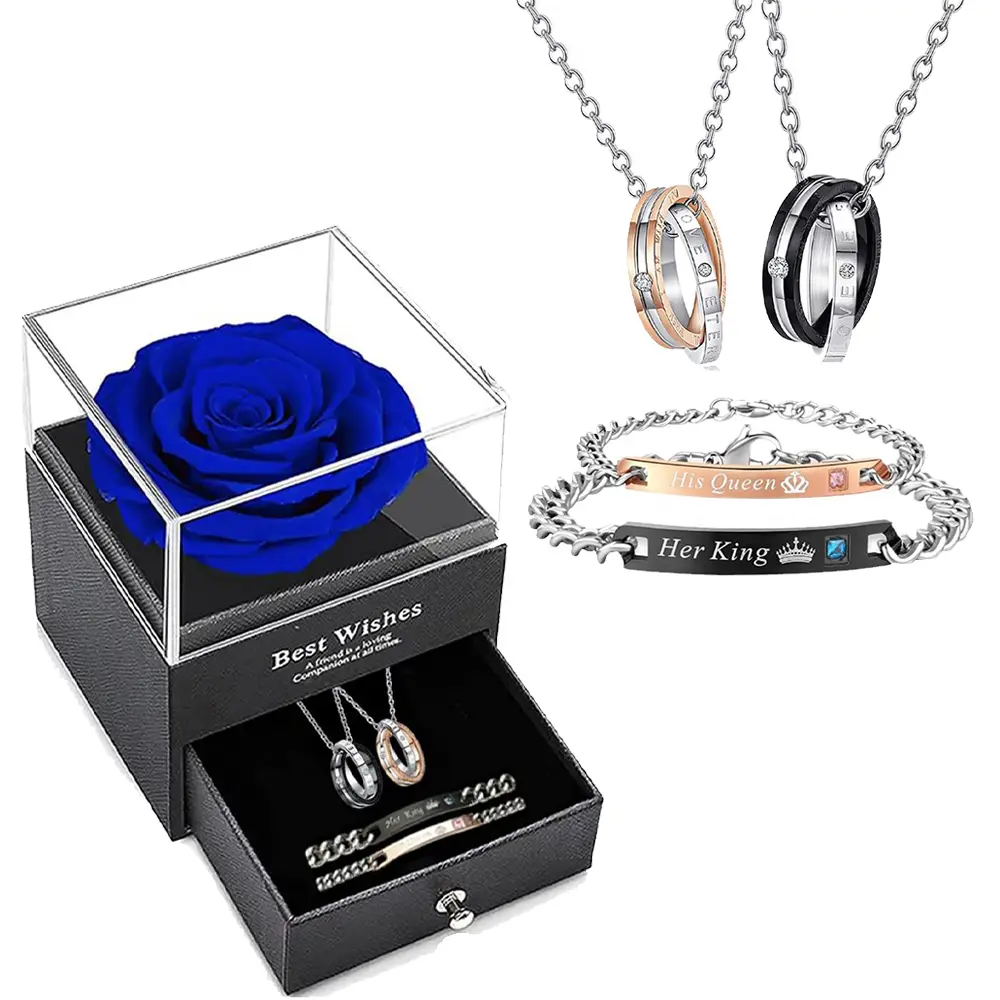 His Queen & Her King Matching Couple Bracelets, black & rose gold crystal chain set with premium gift box. Men’s bracelet uses 316L stainless steel inlaid with cubic zirconia. Sweet couple gift for promises, anniversaries and gifting to lovers.