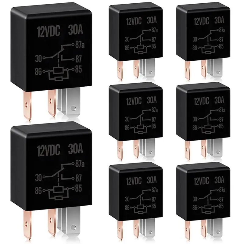 8 PCS Compact 5-Pin Heavy Duty Automotive Relays - 12V 30A High Amperage Load Plastic Body Relays for Car Motor Replacement, Cycling & Outdoor Recreation Equipment