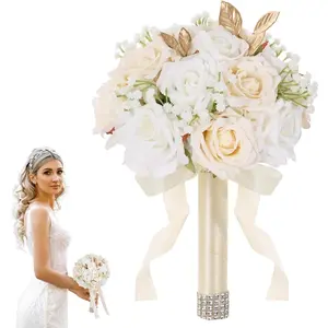 Wedding Bouquets for Bride - Realistic Silk Flowers Artificial Roses, 9 Inch Bridesmaid Bouquet for Ceremony, Church, Anniversary, and Home Decoration (White & Champagne)valentine's day gifts for her