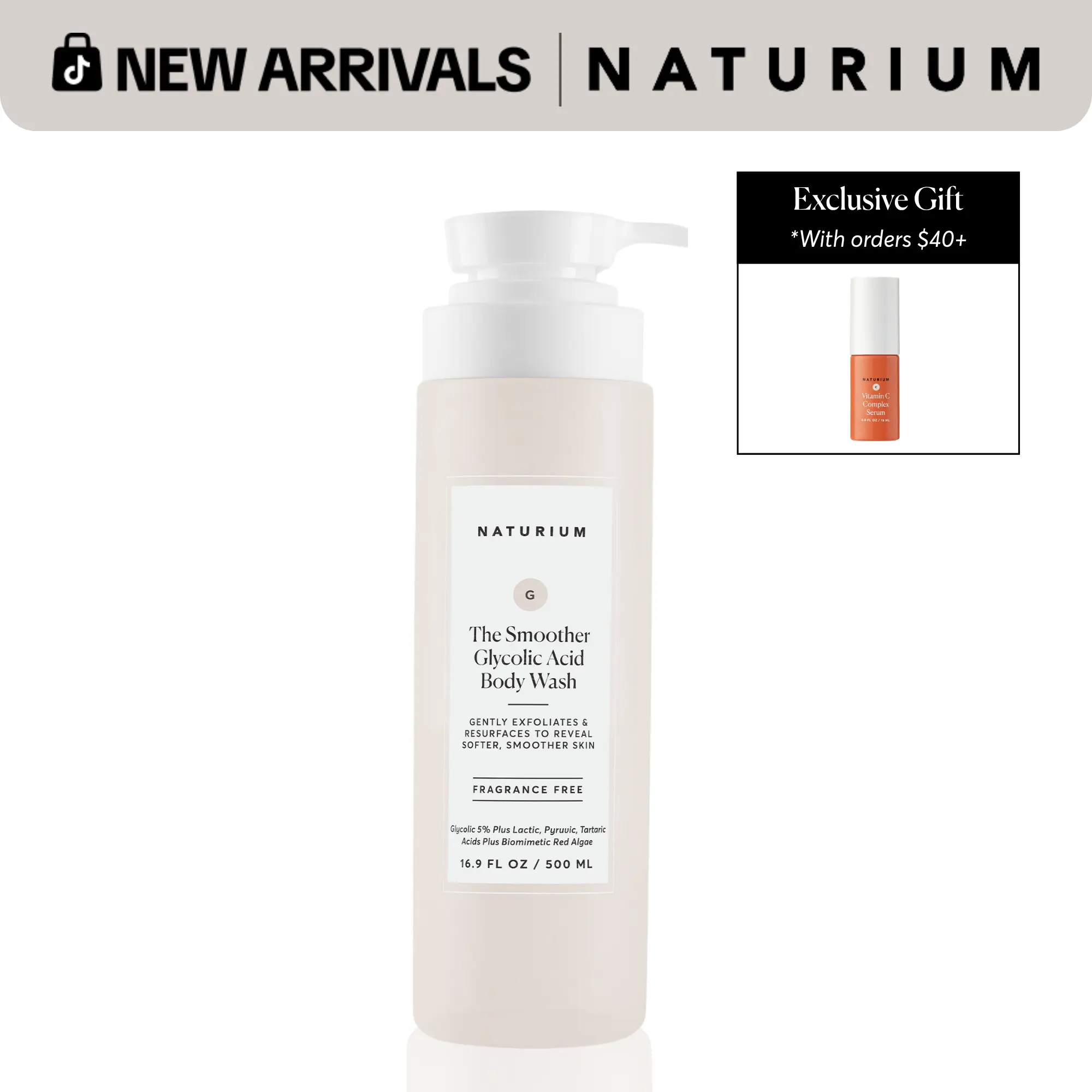 Naturium The Smoother Glycolic Acid Exfoliating Body Wash (500ml) - Gentle AHA Cleanser that Revealing Softer, Smoother Skin