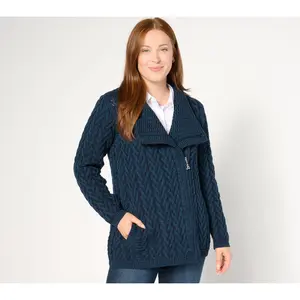 Aran Craft Merino Wool Asymmetrical Zip Sweater Cardigan