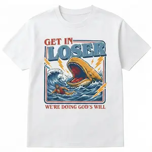 Retro Oversized T-Shirt - Christian Streetwear, Jonah and the Whale Graphic, "Get In Loser We're Doing God's Will" Verse, Faith Humor Fabric Style Religious Gift, Casual Cotton Menswear Crewneck Tee Top Womenswear Streetwear Tshirt