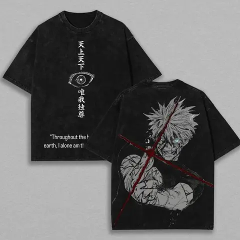 Retro Heavy Gojo Satoru Red Technique Ver.3 THE HONORED ONE Jujutsu Kaisen Anime Double Printed Vintage Washed Tee Unisex Oversize Anime Manga Washed Heavyweight Cotton T-shirt