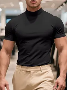 Men's Fall Outfits Solid Color High Neck Tight-Fitting Short Sleeve Fitted T-Shirt for Daliy Wear, Versatile Inner & Outer Wear Casual Sporty Style Essential