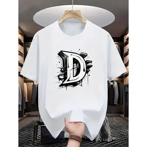 Single-Sided Printed Round Neck Short Sleeve T-Shirt, Men's Sports T-Shirt - Breathable, Lightweight, Black with Floral Large Letter "D" Print, Comfortable Style, Suitable for Large Sizes, Men's Casual Summer T-Shirt