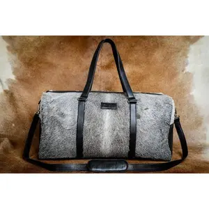 Gray Fur Cowhide Print Genuine Leather Duffel Bag