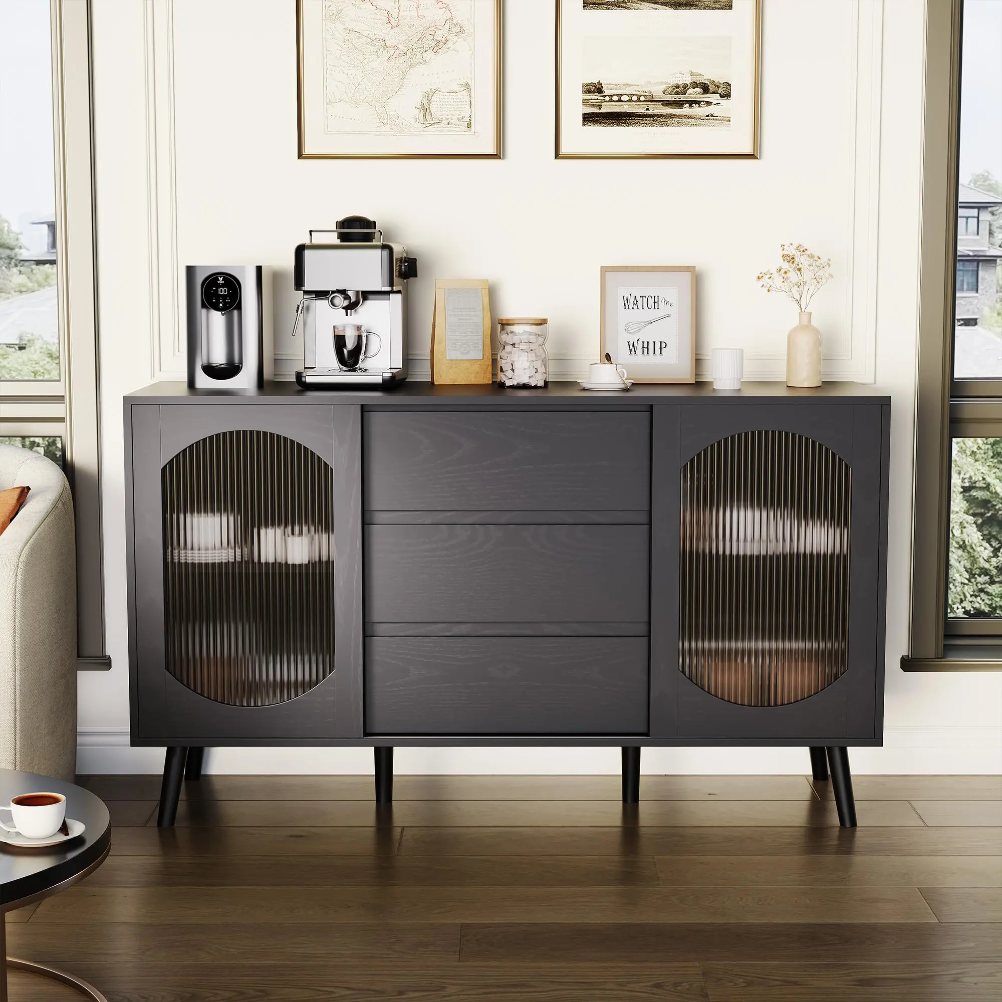 Contemporary Black Buffet Cabinet – Ample Storage Sideboard with Fluted Glass Sliding Doors and Drawers – Ideal for Kitchen, Dining, or Living Room
