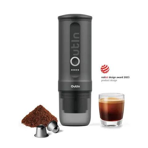 Outin Nano Portable Self-Heating Espresso Coffee Brewer (Space Grey, 670g) - 12V/24V 20 Bar Stainless Steel Machine, Compact Lightweight for Hiking, NS Capsule & Ground Coffee Compatible, Car Charger Compatible, Reaches 92°C in <200s, Rich Crema