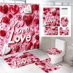 1/4pcs Valentine's Day Bathroom Set Love Theme Shower Curtain with 3D Red Roses White Red Hearts Swirls & 'Love' Text, Matching 2 Bath Mats + Toilet Seat Cover for Romantic Bathroom Decor