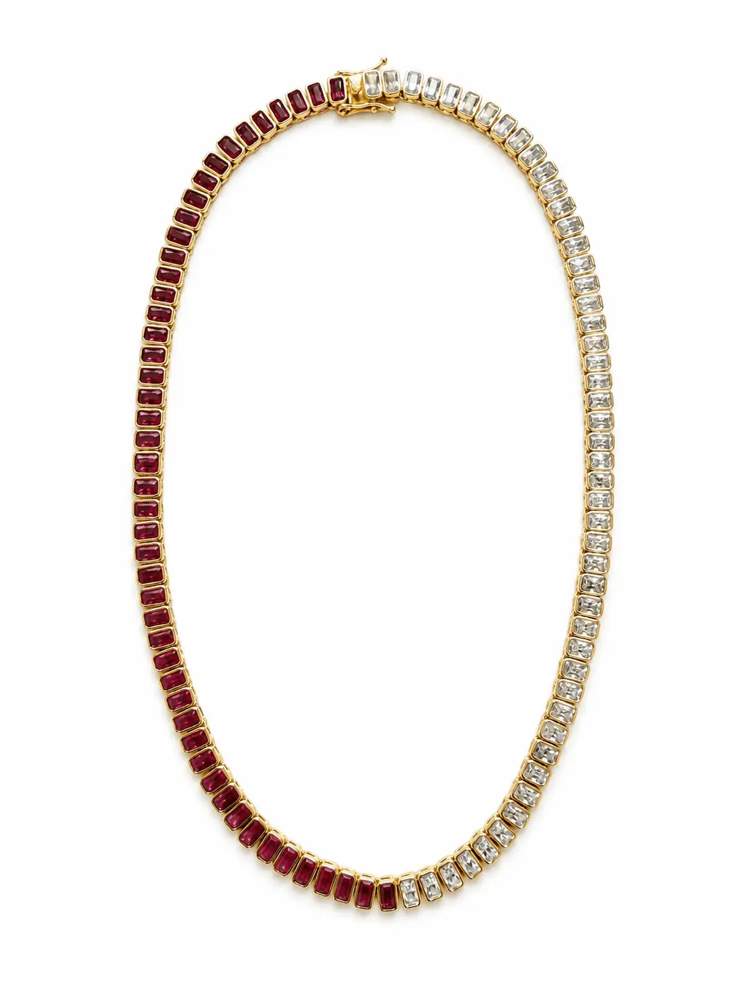 NOA Jewelry Ruby & Diamond Style Tennis Necklace – 18K Gold Plated Simulated Stone Necklace, 15 Inch
