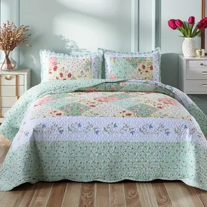 3 Piece Floral Patchwork Quilt Bedspread Set Lightweight Polyester Embroidered Quilted Bedspreads for Queen King Size Beds Flat Weave All Season