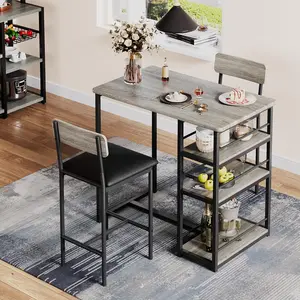 Small Dining Table Set for 2 with Upholstered Bar Stools, Counter Height Kitchen Table Set with 3 Storage Shelves, Bar Table and Chairs Set for Studio, Apartment, Small Spaces, Gray