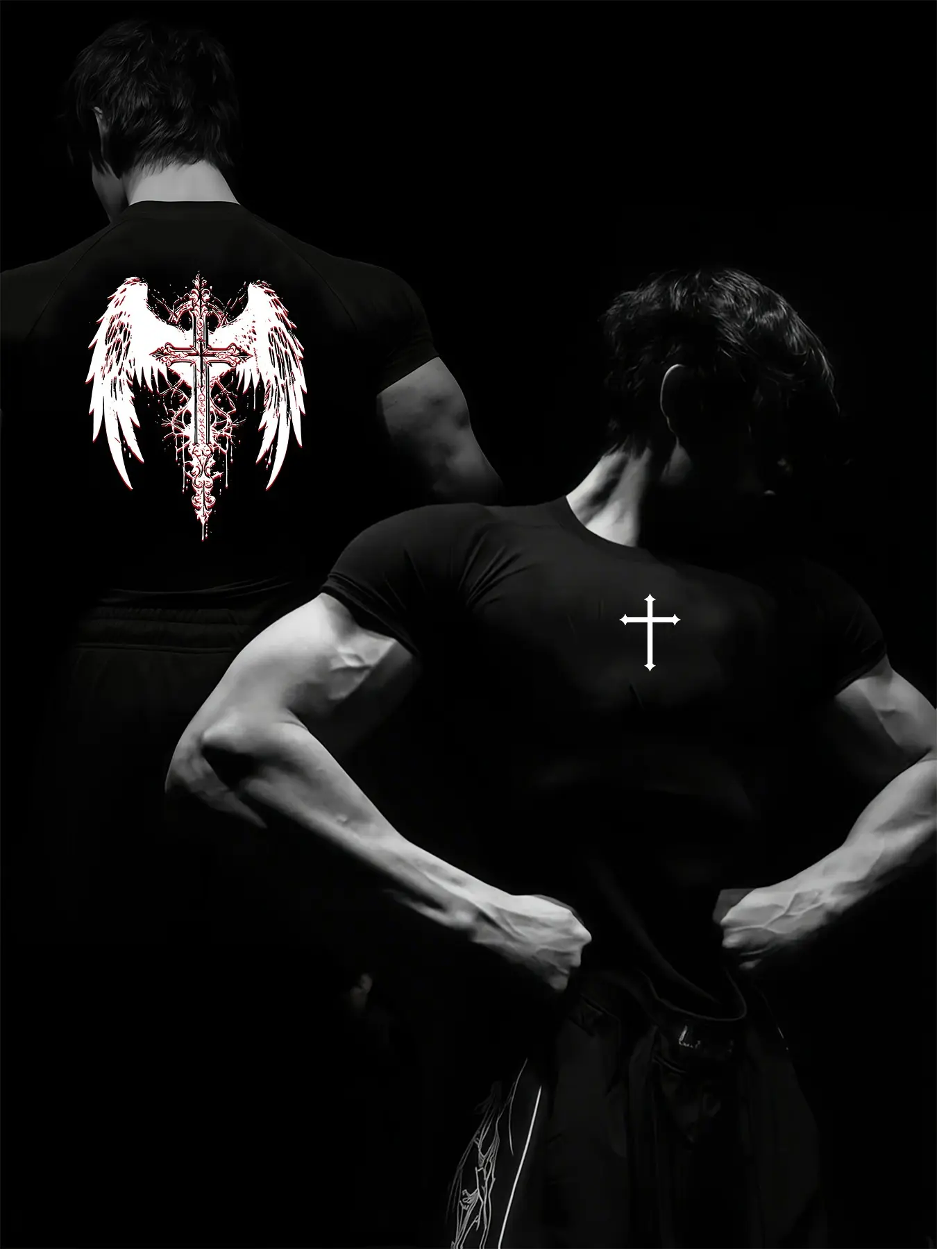 Men's Tight-Fitting Short Sleeve Compression Shirt, Cross & Wings Print, Gym Quick-Dry T-Shirt, Gym Workout Shirt, Running Training Top, Summer Casual Sportswear, Gym Shirts, Athletic Compression Shirts, Workout Activewear, Fitness Activewear, Gym Tops